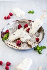 High angle view of dessert on table