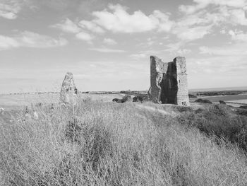 Ruins of old castle on grassy field