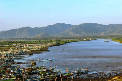 High angle view of boats in bay