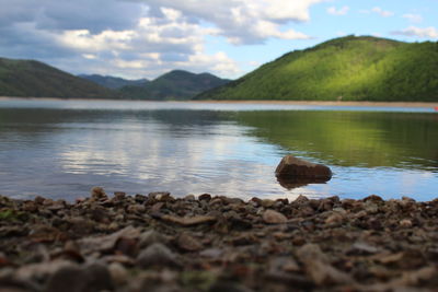 Close-up of pebbles on lake against sky