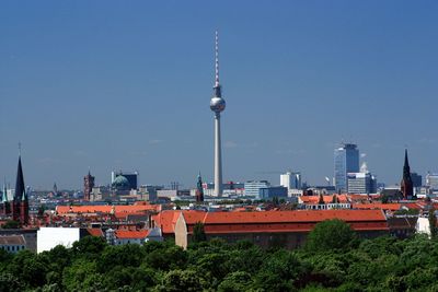 Communications tower in city