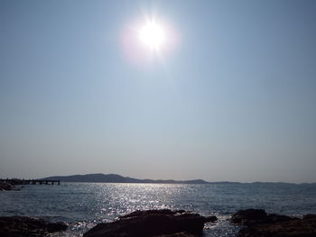 Scenic view of sea against clear sky on sunny day