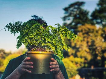 Close-up of person holding plant against tree