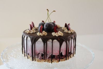 Close-up of cake on plate against white background