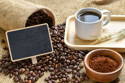 High angle view of coffee cup on table