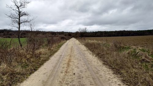 Dirt road amidst field against sky