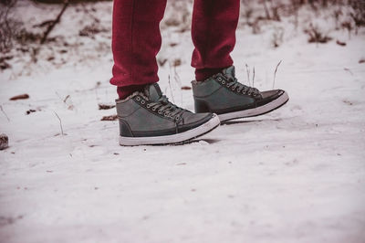 Low section of person standing on snow