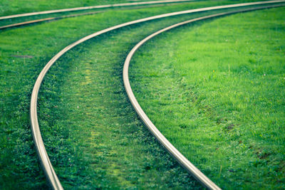 High angle view of railroad track amidst field