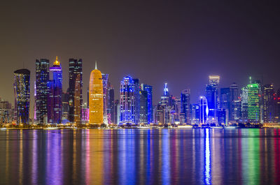 Illuminated buildings in city at night