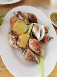 High angle view of food in plate on table