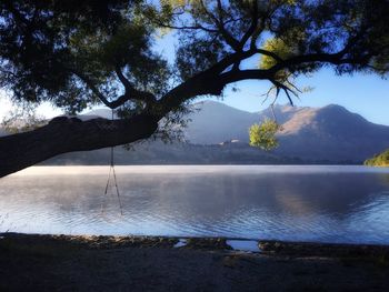 Scenic view of lake with mountains in background