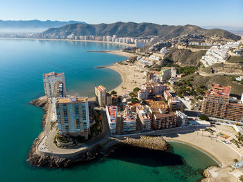 High angle view of city buildings