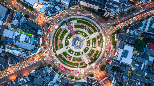 High angle view of illuminated buildings in city