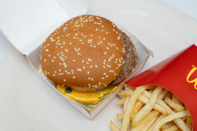 Close-up of burger on table