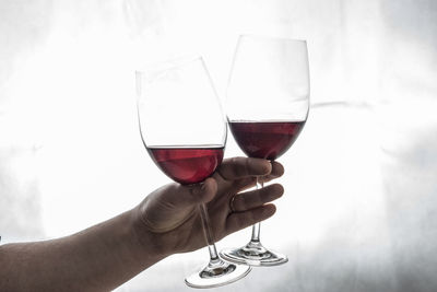 Close-up of woman holding wineglass against sky