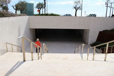 Rear view of man walking on staircase