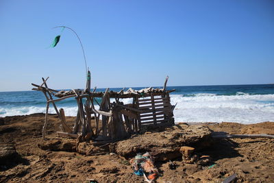 Driftwood on beach against clear blue sky