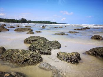 Rocks on beach against sky