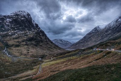 Scenic view of snowcapped mountain against cloudy sky