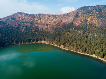 Scenic view of lake and mountains against sky