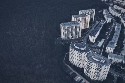 Aerial view of buildings by forest