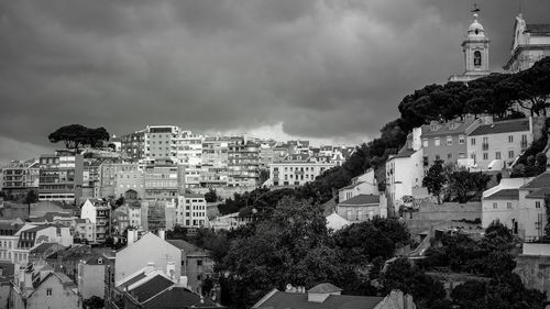 High angle view of buildings against sky