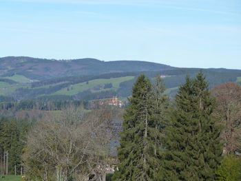 Scenic view of forest and mountains against sky