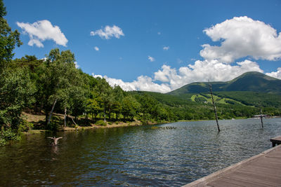 Scenic view of lake by trees against sky