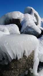 Frozen water in winter against sky