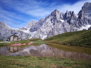 Scenic view of lake and mountains against sky