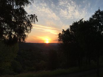 Silhouette trees on landscape against sky during sunset