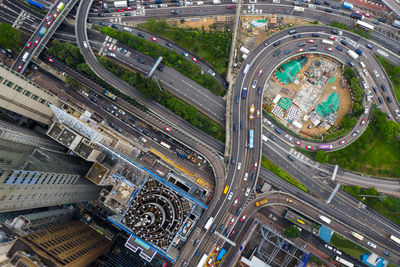 High angle view of modern city street and buildings