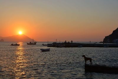 Side view of boats in calm sea at sunset