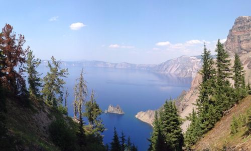 Panoramic view of lake and mountains against sky