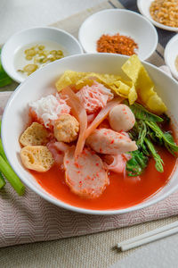 High angle view of soup in bowl