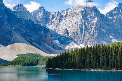 Scenic view of lake and mountains against sky