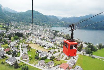 High angle view of overhead cable car in city