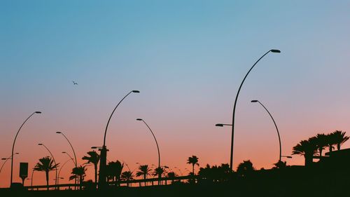 Silhouette birds flying against clear sky during sunset