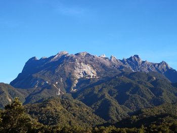 Scenic view of mountains against clear blue sky