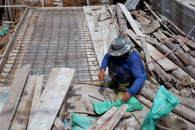 High angle view of man working at construction site