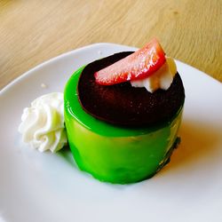 High angle view of cake in plate on table