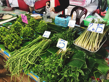 High angle view of vegetables for sale at market stall