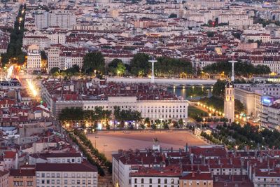 High angle view of town at night