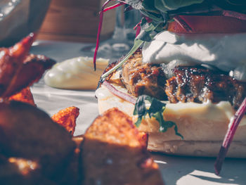 Close-up of food served on table