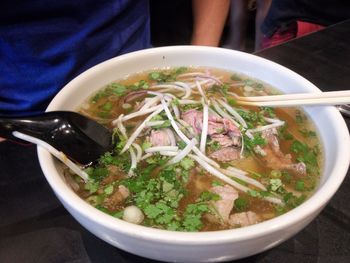 Close-up of soup in bowl on table