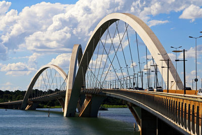 View of bridge over river against cloudy sky