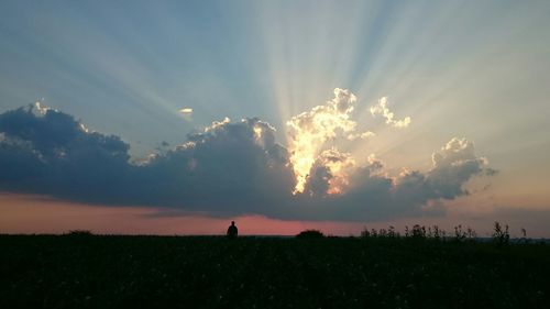 Silhouette person on field against sky during sunset