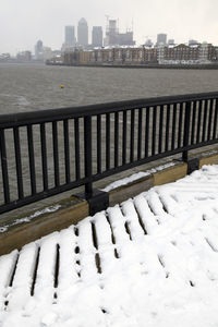 Scenic view of city during winter against sky