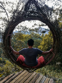 Rear view of man sitting by tree trunk in forest