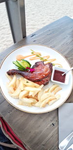 High angle view of food served on table